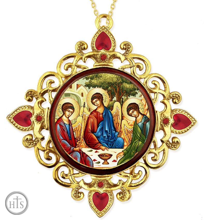 Product Photo - The Holy Trinity, Jeweled Round Framed Icon with Chain
