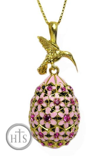 Image - Humming Bird  Faberge Style Egg Pendant,, Light Pink