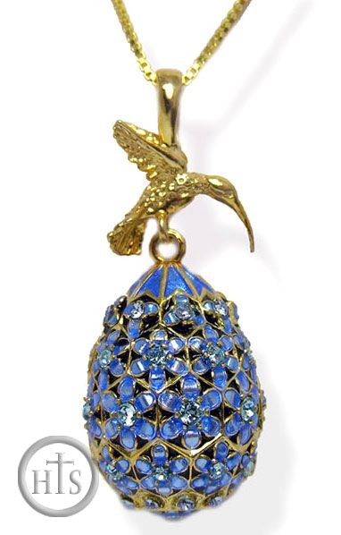 Product Photo - Humming Bird  Faberge Style Egg Pendant, Light Sapphire