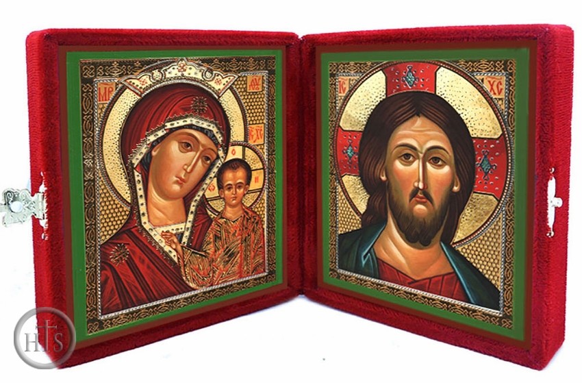 Product Photo - Virgin of Kazan & Christ The Pantocrator,  Icon Diptych in Velvet Case