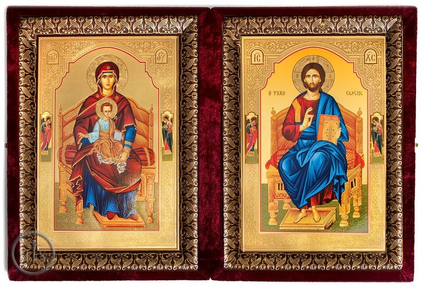 Product Picture - Jesus Christ and Virgin Mary Enthroned,  Icon Diptych in Velvet Case
