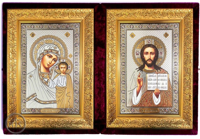 Product Pic - Christ Almighty / Virgin of Kazan, Icon Diptych in Velvet Case, Extra Large