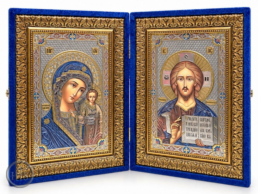 Product Picture - Christ Almighty / Virgin of Kazan, Icon Diptych in  Blue Velvet Case, Extra Large