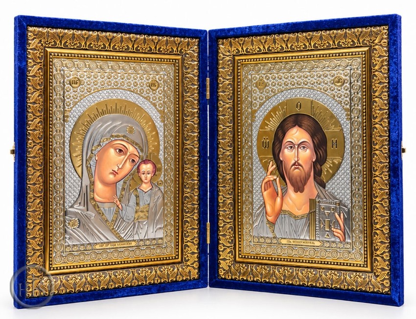 Product Picture - Christ Almighty / Virgin of Kazan, Icon Diptych in  Blue Velvet Case, Extra Large