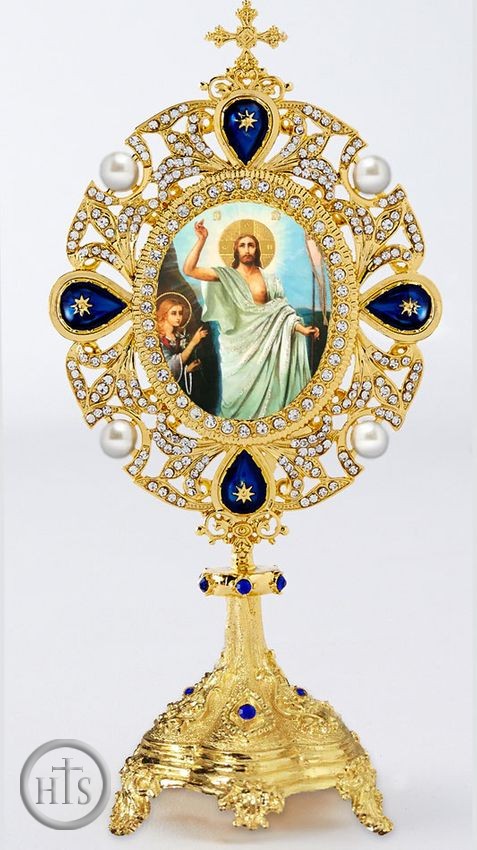 Product Photo - The Resurrection, Icon in Pearl Jeweled Shrine - Monstrance Style, Blue Crystals