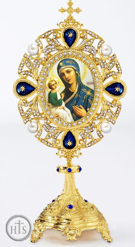 Product Photo - Virgin Mary of Jerusalem Icon in Pearl Jeweled Shrine - Monstrance Style