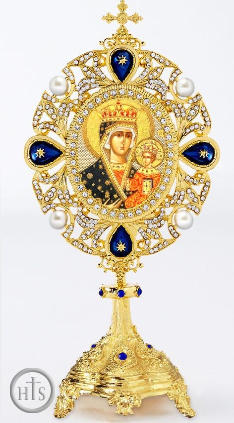 HolyTrinityStore Picture - Virgin Mary Czestochova Icon in Pearl Jeweled Shrine - Monstrance Style