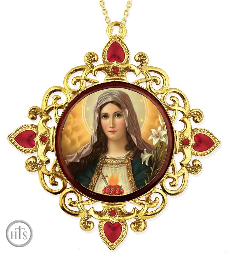 Pic - Immaculate Heart of Virgin Mary, Jeweled Framed Icon with Chain