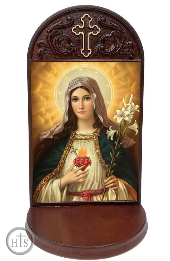 Product Photo - Immaculate Heart of Mary, Gold Foil Icon Wooden Shrine With Shelf 