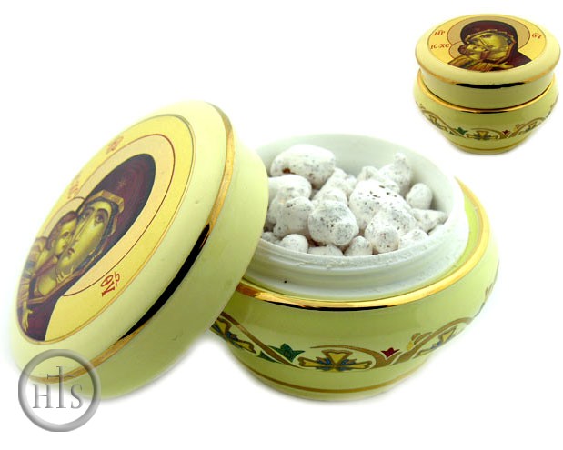 HolyTrinityStore Picture - Incense Ceramic Container  with Icon of Virgin Mary, Cream