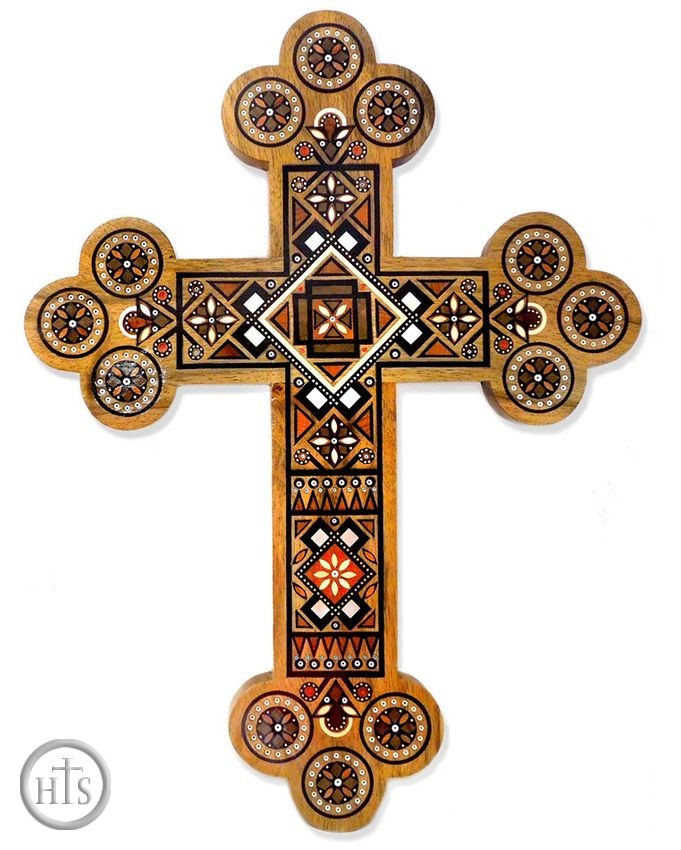 HolyTrinity Pic - Inlaid Wooden Wall Cross with Mother of Pearl and Beads