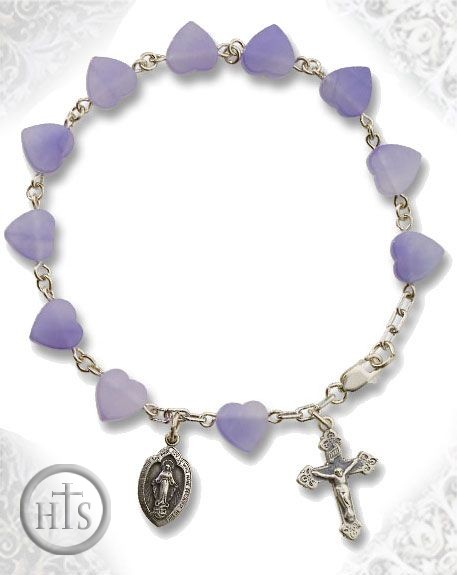 HolyTrinityStore Image - Lavender Jade  Heart Bead Bracelet with Silver Cross and  Medal