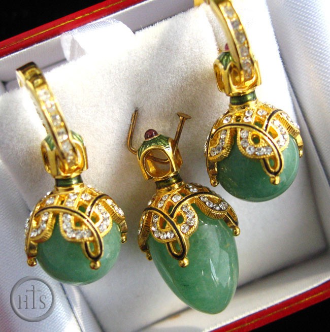 Picture - Jade Stone (Nefrit) Set of Earrings with Egg Pendant,  Silver, Gold Plated
