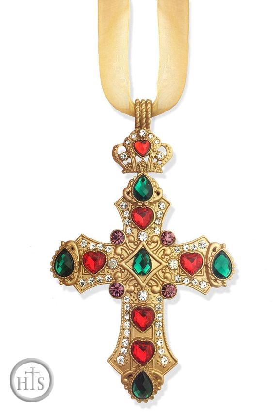 HolyTrinityStore Image - Jeweled Cross Ornament with Gold Ribbon