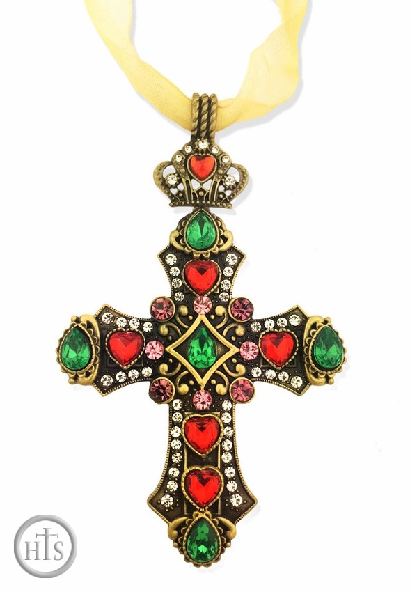 Pic - Jeweled Cross Ornament  with Gold Ribbon. Antique Finish