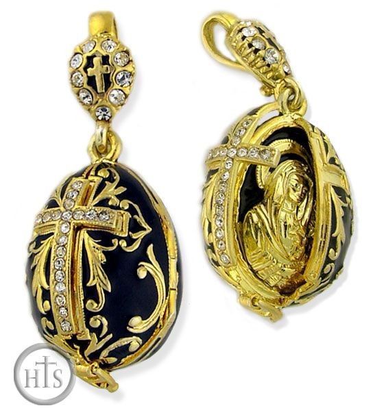 Product Pic - Virgin Mary & Child Locket, Sterling Silver, Gold Plated Egg Pendant, Black