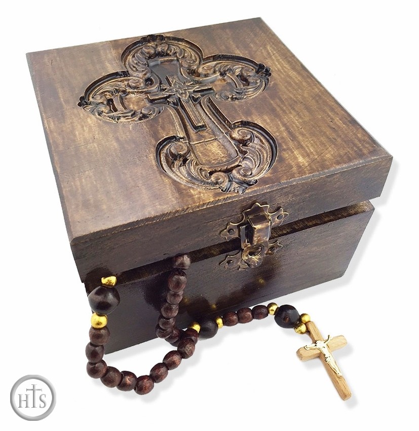 HolyTrinityStore Image - Wooden  Box with  Cross, Hand Carved, 5