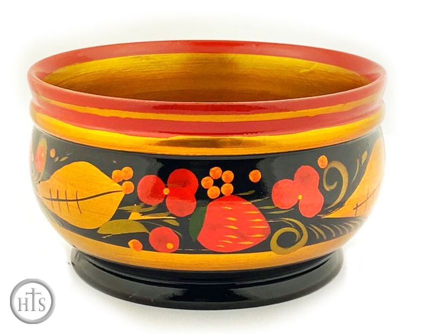 HolyTrinityStore Picture - Khokhloma Wooden Bowl, Russian Folk Art, 4 3/4