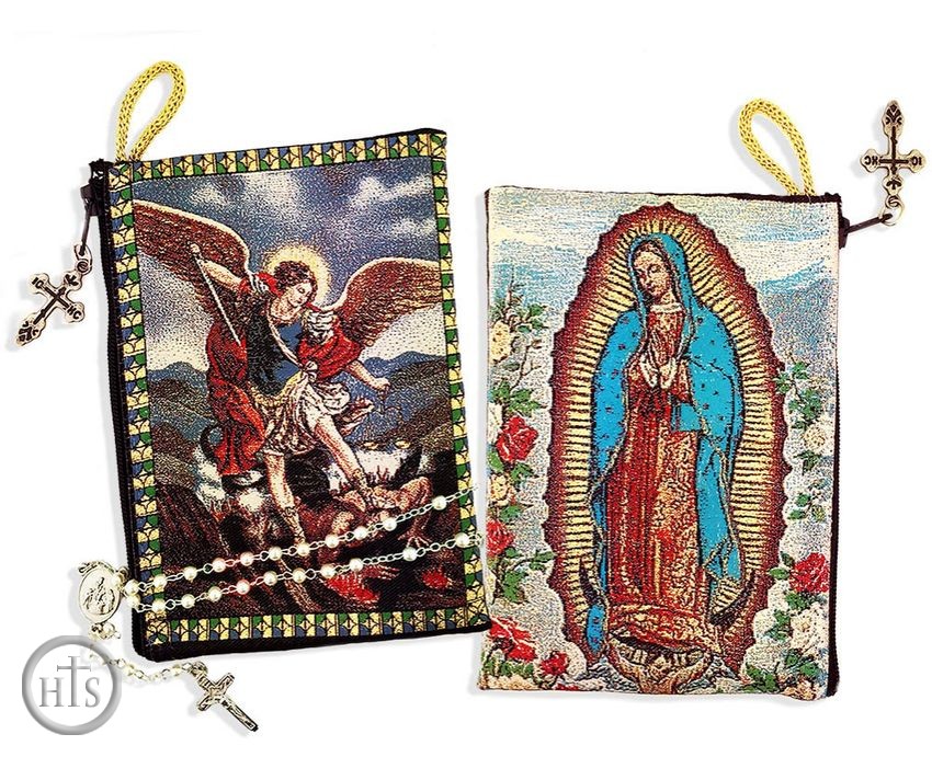 Product Pic - Our Lady Of Guadalupe and Arch. Michael Two Sided Rosary Pouch
