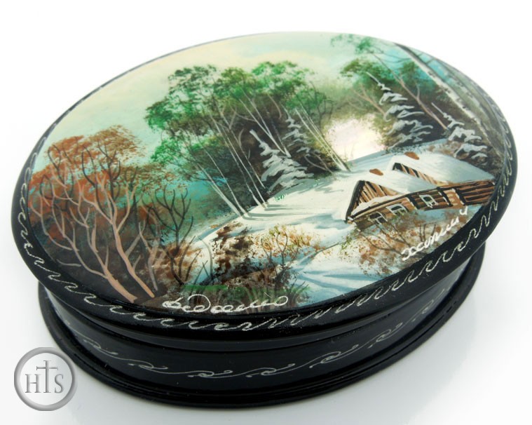 HolyTrinityStore Image - Fedoskino Hand Painted Lacquered Box with Mother of Pearl  Details