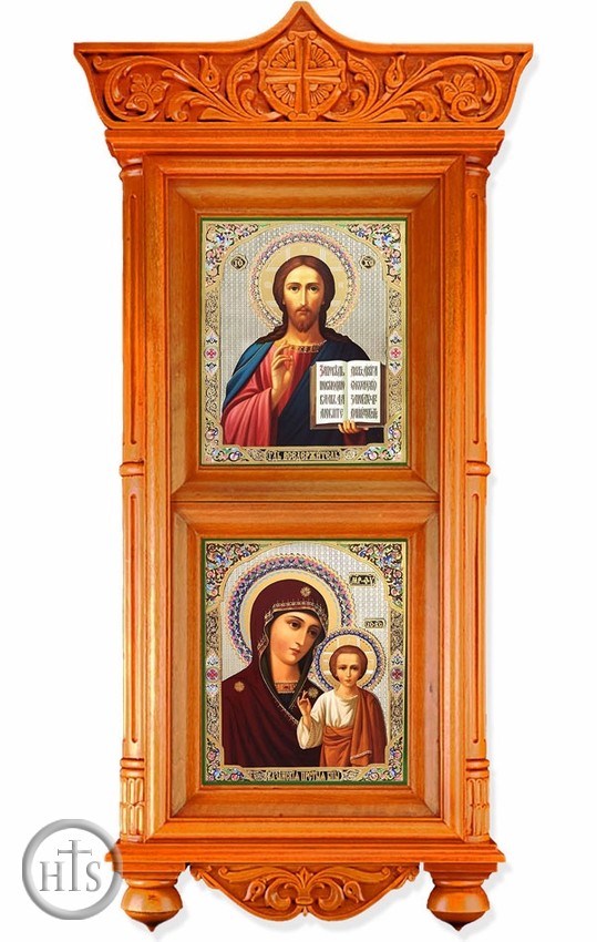 Product Pic - Large Wooden Shrine with Icons Virgin of Kazan and Christ The Teacher