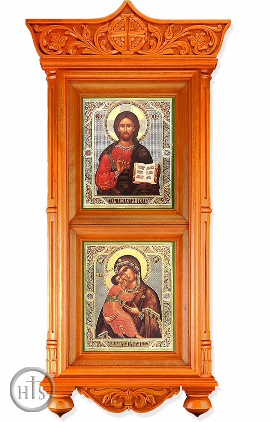 Product Photo - Large Wooden Shrine with Icons Virgin of Vladimir and Christ The Teacher