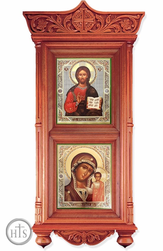 HolyTrinity Pic - Large Wooden Shrine with Icons Virgin of Kazan and Christ The Teacher