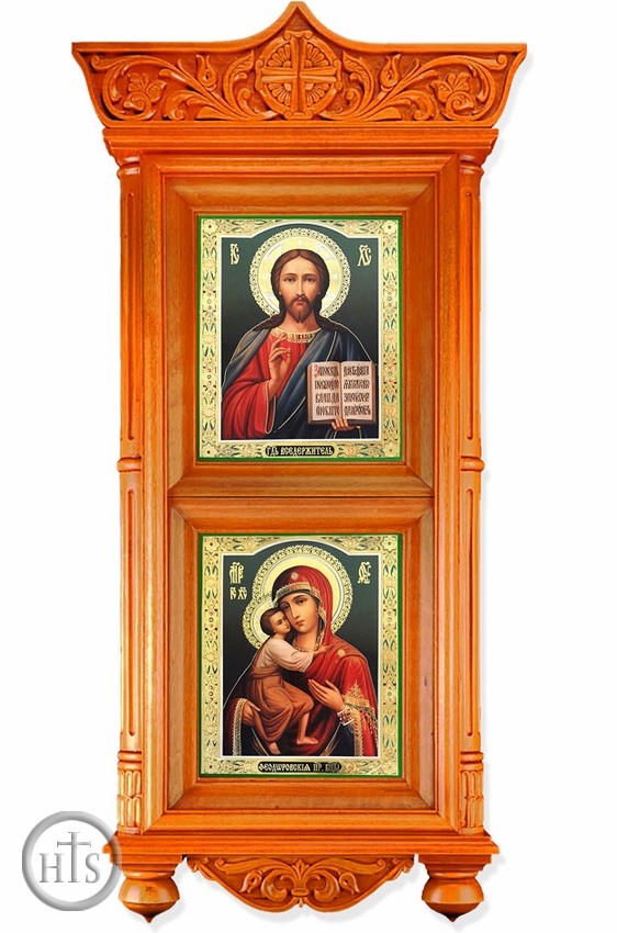 Product Pic - Large Wooden Shrine with Icons Christ The Teacher and Virgin Mary Feodorovskaya