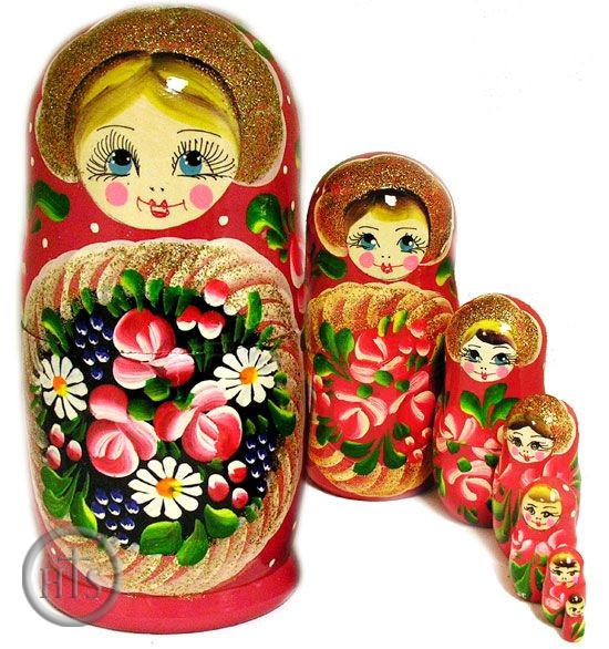 Product Picture - 7 Nested Wood Hand Painted Russian Dolls, Semenova Design
