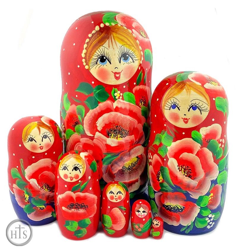 Picture - Large Matreshka 7 Nested Doll, Poppy Flowers, Cute Faces, 8