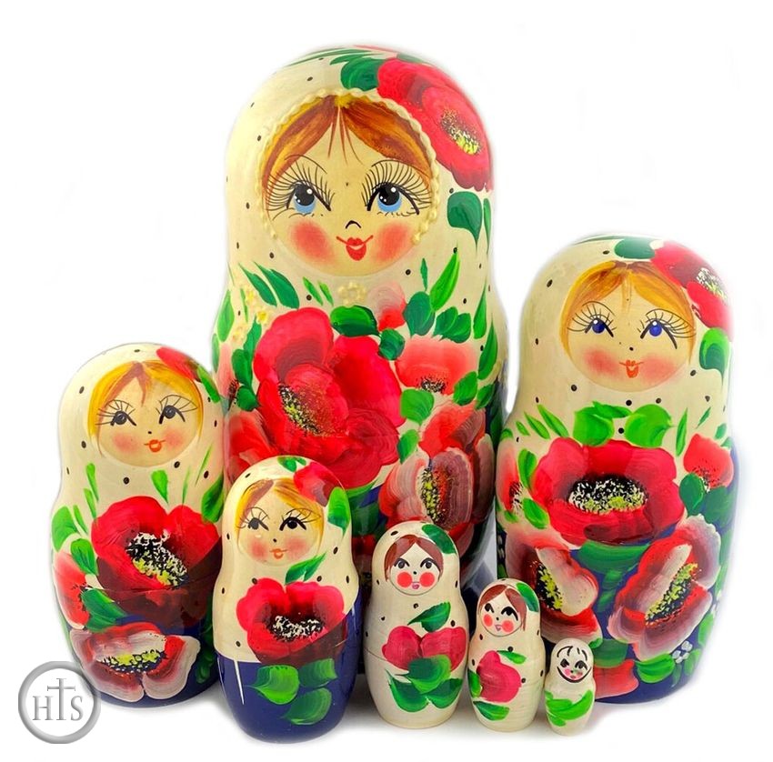 HolyTrinity Pic - Large Matreshka 7 Nesting Doll, Poppy Flowers, Cute Faces, 8