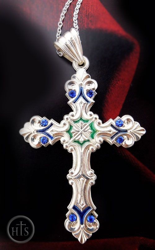 HolyTrinityStore Picture - Large Sterling Silver Cross With Blue Crystals, Enameling and Chain