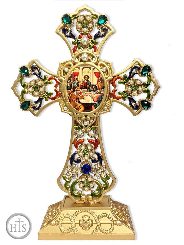 Picture - The Last Supper Icon in Filigree Standing Jeweled Cross 
