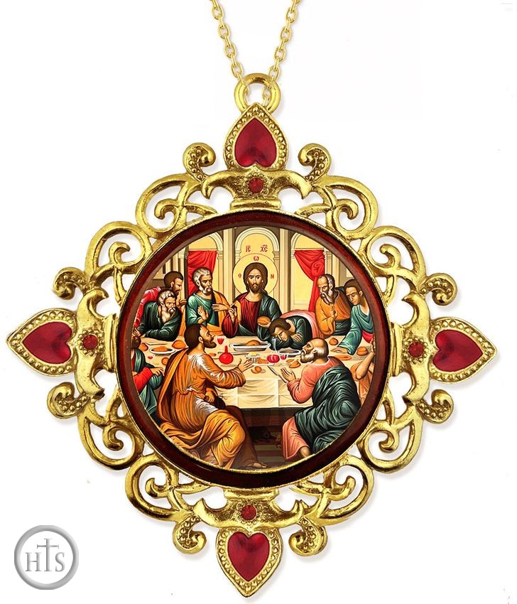 Picture - The Last Supper, Jeweled Round Framed Icon with Chain