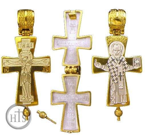 HolyTrinity Pic - Crucifixion / St. Nicholas, Sterling Silver, Gold Plated Reversible Locket 