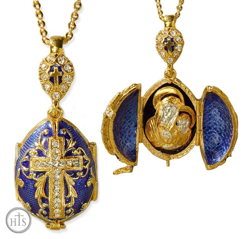 Product Pic - Virgin Mary & Child,  Locket, Sterling Silver, Gold Plated Egg Pendant, Blue