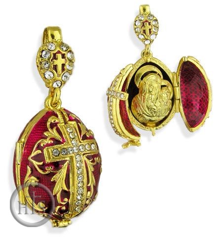 HolyTrinity Pic - Virgin Mary & Child,  Locket, Sterling Silver, Gold Plated Egg Pendant, Red