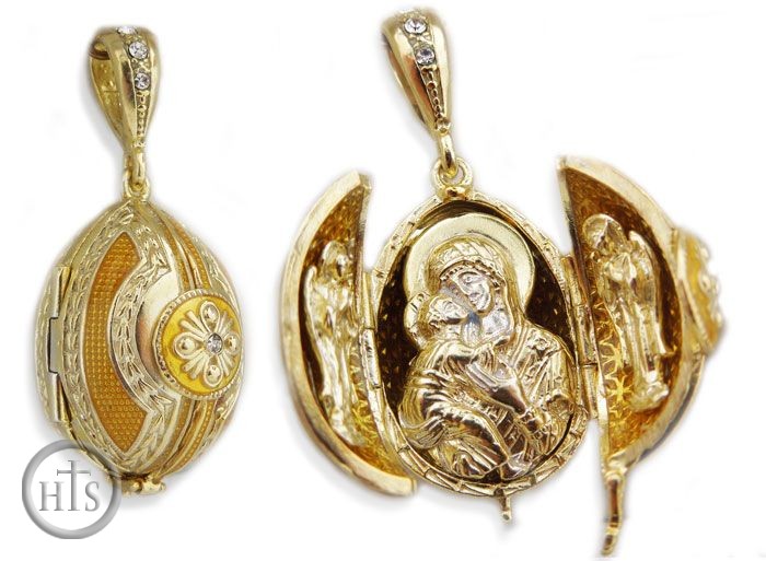 HolyTrinityStore Picture - Virgin Mary & Child, Sterling Silver, Gold Plated Egg Pendant  Locket