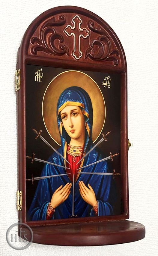 Picture - Virgin Mary of Seven Swords Icon in Wooden Shrine With Shelf 