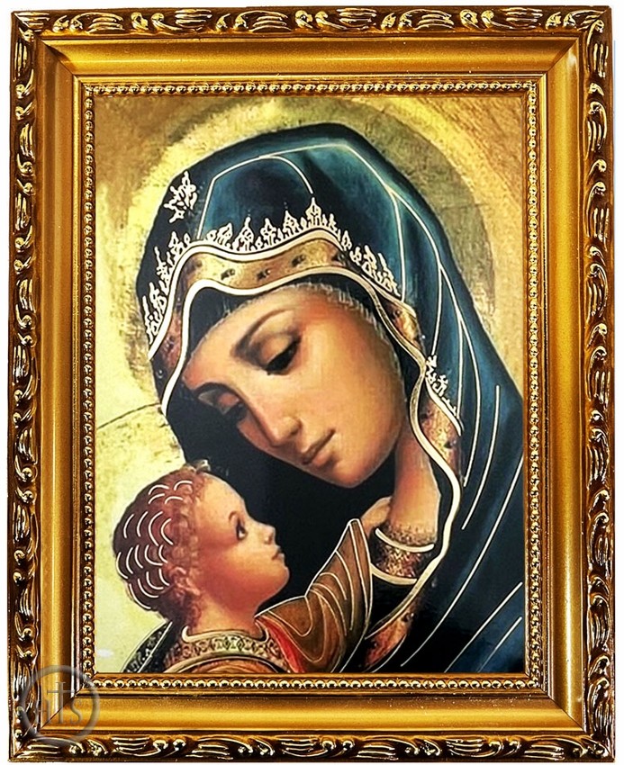 Pic - Madonna and Child (in Blue), Wooden Frame Gold Foil Icon with Stand