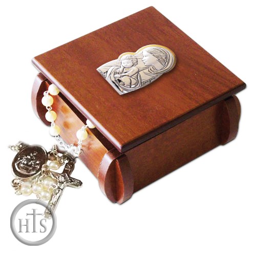 Pic - Wooden Rosary Box with Rosary and Silver Icon of  Virgin Mary
