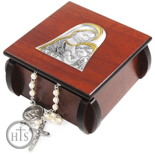 Product Image - Wooden Rosary Box with Rosary and Silver Icon of  Virgin Mary 