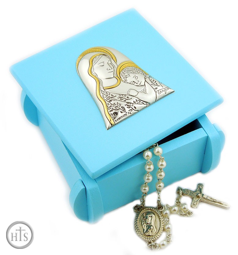 Picture - Wooden Rosary Box with Silver Icon of  Virgin Mary and Child