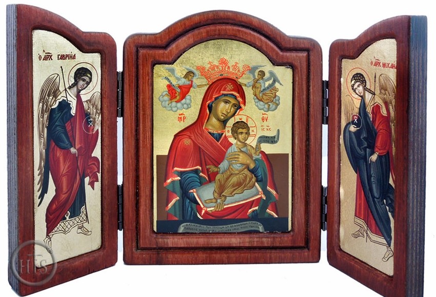 Picture - Virgin Mary and Child, Greek Silk Screen Serigraph Framed Triptych Icon. Foldable