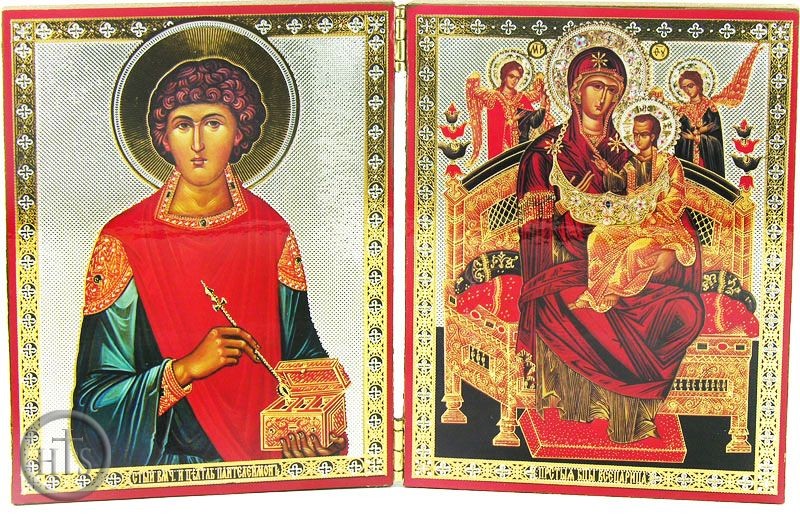 HolyTrinityStore Picture - Virgin Mary Queen of All / St Panteleimon the Healer, Diptych Orthodox Icon 