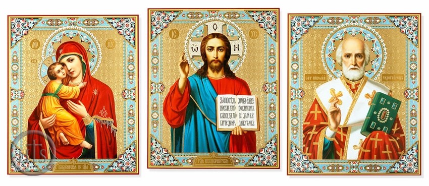 Pic - Matching Set of 3 Icons: Virgin Mary, Christ The Teacher & St Nicholas 