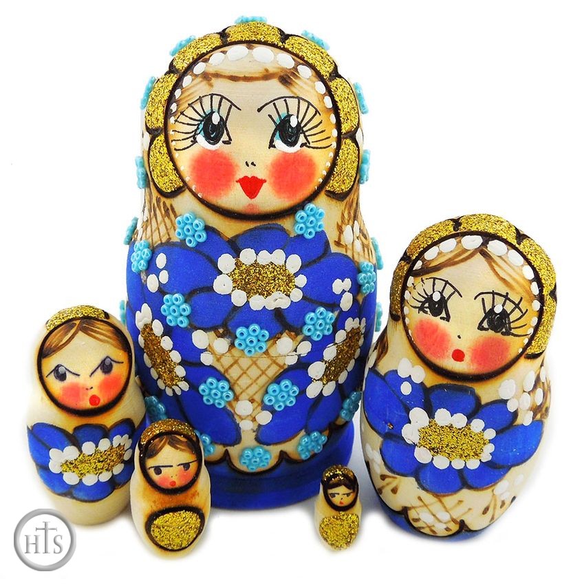HolyTrinityStore Picture - Matreshka 5 Nesting Doll,  Beaded, Hand Carved, Blue