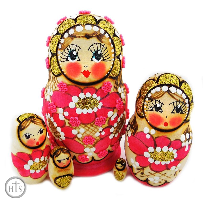 Image - Matreshka 5 Nesting Doll,  Beaded, Hand Carved, Pink