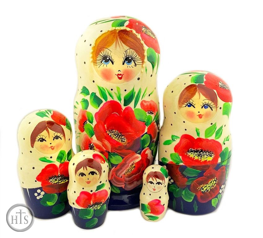 HolyTrinityStore Photo - 5 Nested Matreshka Wooden Dolls, Poppy Flower Design