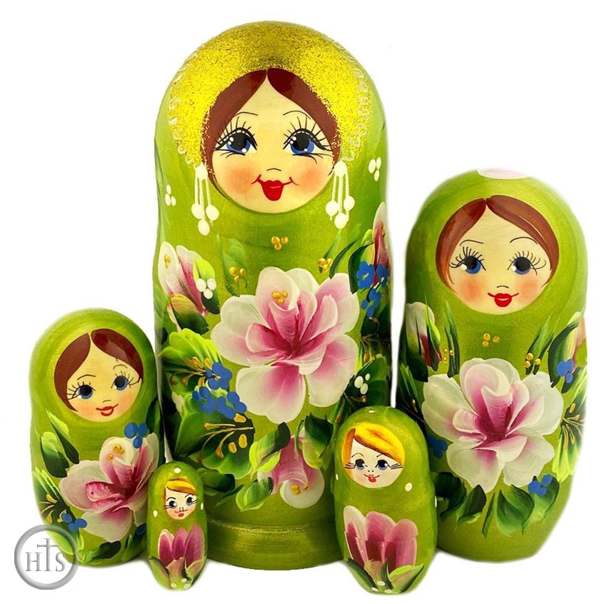 Photo - 5 Nested Matreshka Wooden Dolls, Floral Design, Green, 7